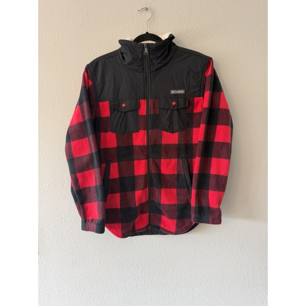 Columbia Sportswear Womens Red Black Buffalo Plaid Fleece Jacket Sherpa Collar S